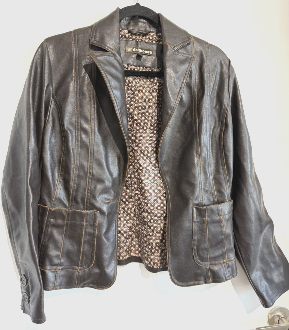 Vintage Y2K Dollhouse Faux Leather Retro Style distressed Brown Blazer Jacket -S